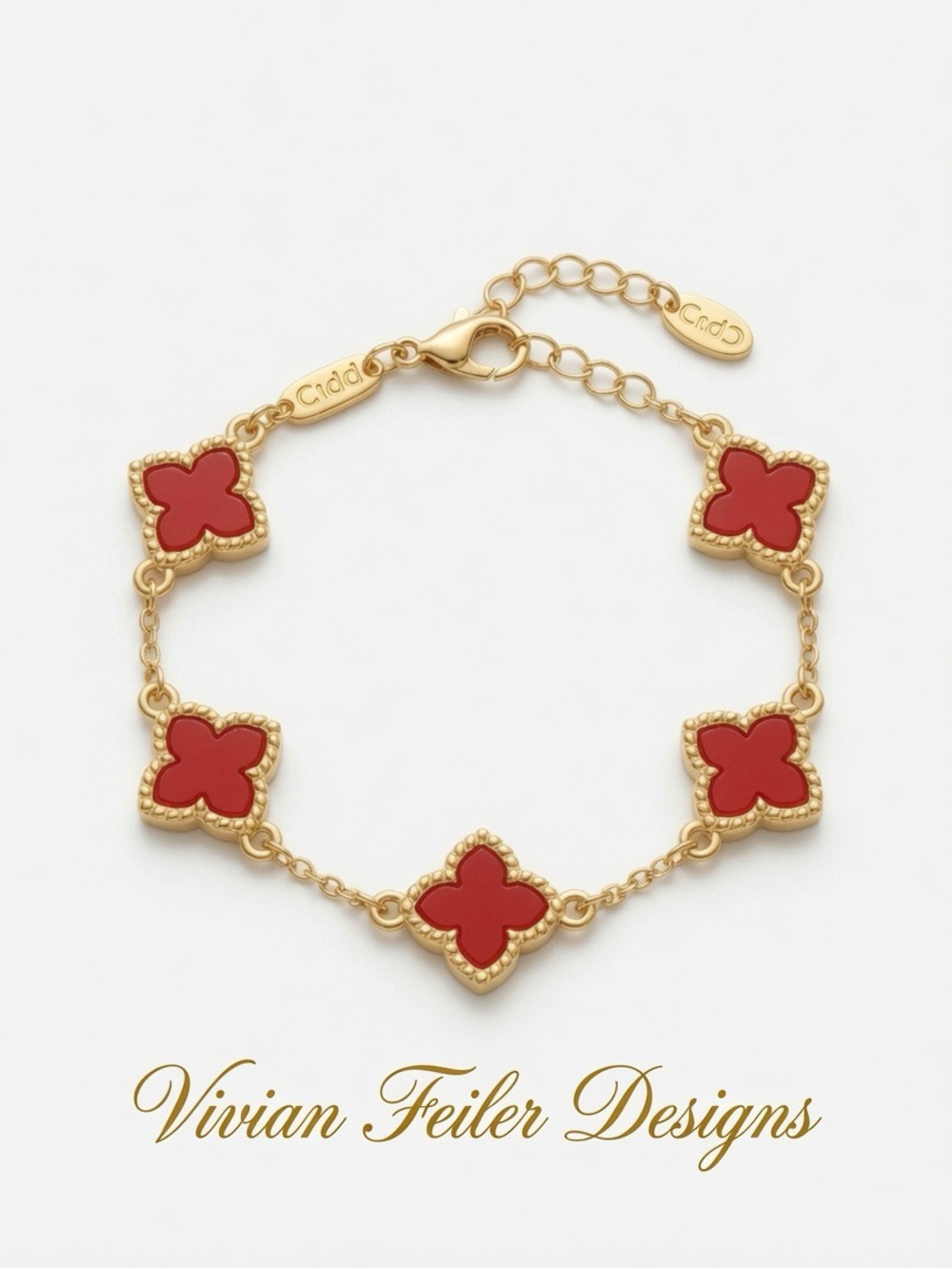 Gold Bracelet with Red Enamel Clover Leaf Stainless Steel Lucky Charm NWT